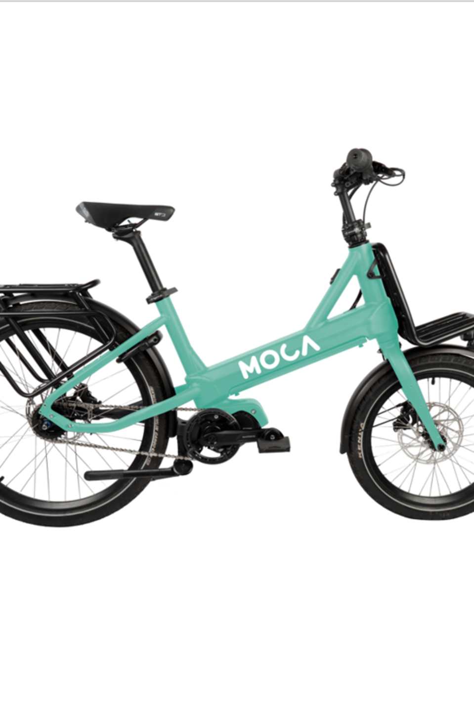 Moca Ein mintgrünes kompaktes Lastenrad von Moca.